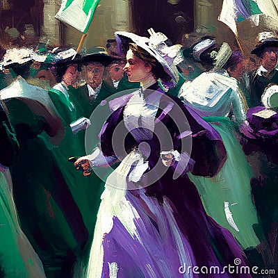 Suffragette March Women's Rights Group Purple Green White Generative AI Cartoon Illustration