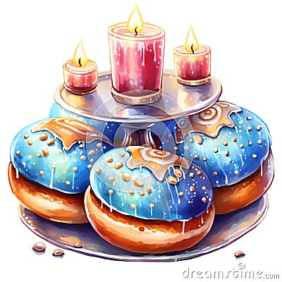 Sufganiyot Hanukkah Jewish watercolor Stock Photo