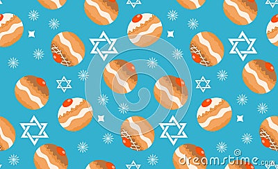 Sufganiyot seamless pattern. Jewish donut seamless texture, traditional dessert on the holiday of Hanukkah background Vector Illustration