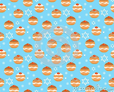 Sufganiyot seamless pattern. Jewish donut seamless texture, traditional dessert on the holiday of Hanukkah background Vector Illustration