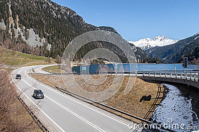 Sufnersee and road to Bernardino Pass Editorial Stock Photo