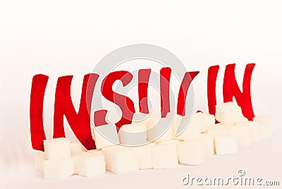 Red cardboard insulin word surrounded by refined sugar cubes on white background, diabetes protection medical concept Stock Photo