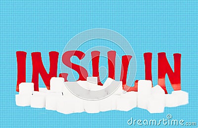 Red cardboard insulin word surrounded by refined sugar cubes on white background, diabetes protection medical concept Stock Photo