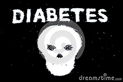 Sugar addiction suggested by spilled white sugar crystals forming a skull. Diabetes mellitus concept. Stock Photo