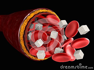 Sugar in the blood. blood cell with cube of sugar, 3d Illustration Stock Photo