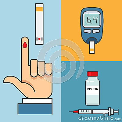 Sugar blood test. Hand holding Glucose Meter. Insulin Vector Illustration