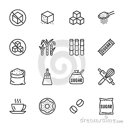 Sugar cane, cube flat line icons set. Sweetener, stevia, bakery products vector illustrations. Outline signs for Vector Illustration