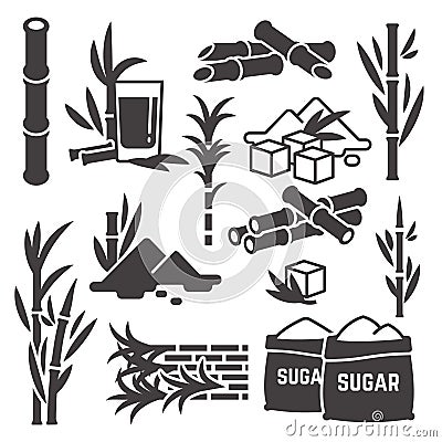 Sugar cane, sugarcane plant harvest vector silhouette icons isolated on white background Vector Illustration