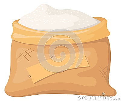 Sugar in canvas bag. Burlap sack with white powder Vector Illustration