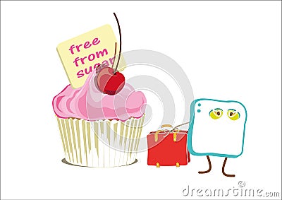 Sugar cube goes away sad, from a pink cupcake, with his suitcase Stock Photo