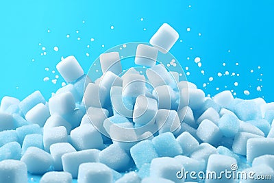 sugar cubes piled on a bright blue background, neural network generated photorealistic image Stock Photo