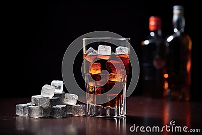 sugar cubes stacked high against a blurred bottle of cola Stock Photo