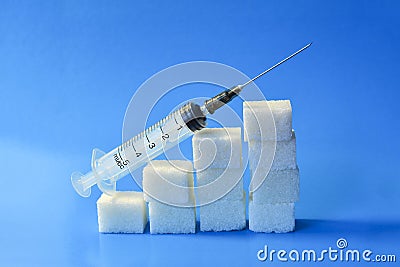 Sugar cubes with syringe. Diabetes concept. The concept of possible harm from sugar. Increase in blood sugar levels, the graph of Stock Photo