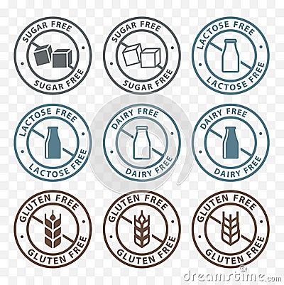 Sugar free, lactose free, gluten free packaging sticker label icons Vector Illustration