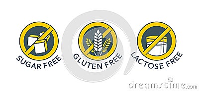 Sugar free, Gluten free, Lactose free - set Vector Illustration