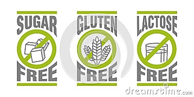 Sugar free, Gluten free, Lactose free Vector Illustration