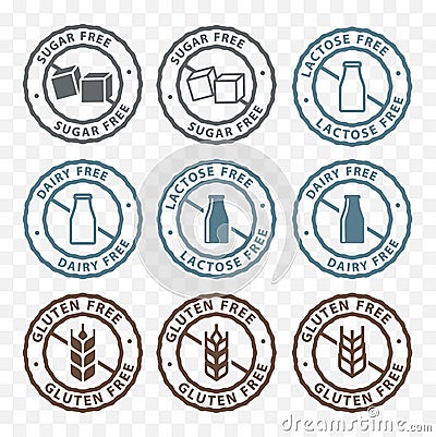 Sugar free, lactose free, gluten free packaging sticker label icons Vector Illustration