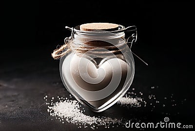 sugar in heart shaped glass jar on black surface - diabetes health care concept Stock Photo