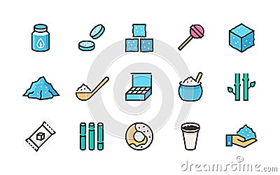 Sugar icons. Sweeteners, sugar canes packages bags cubes and heap, organic stevia eco sweetener. Vector flat and line Vector Illustration