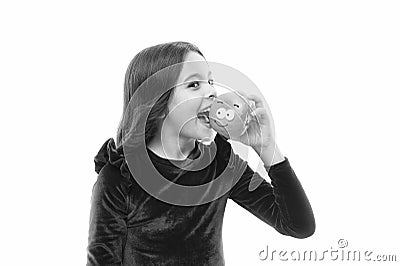 Sugar levels and healthy nutrition. Happy childhood and sweet treats. Donut breaking diet concept. Girl hold glazed Stock Photo