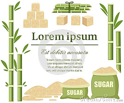 Sugar plant agricultural crops. Sugar cane with leaf. Sugar in sackcloth bags with label. Flat illustration on white Cartoon Illustration