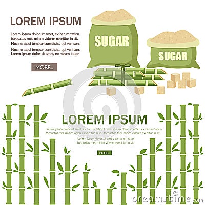 Sugar plant agricultural crops. Sugar cane with leaf. Sugar in sackcloth bags with label. Ingredient for sweet food and dessert. Cartoon Illustration