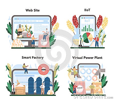 Sugar production industry online service or platform set. Saccharose Vector Illustration