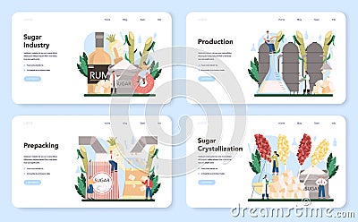 Sugar production industry web banner or landing page set. Saccharose Vector Illustration