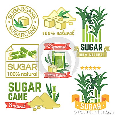 Sugar production labels, sugarcane farm badges and emblems vector set Vector Illustration