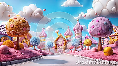 Sugar Rush in Candy Land: A Colorful Town of Lollipop Trees and Sweets Perfect for Child Birthday Party Poster or Postcard Stock Photo