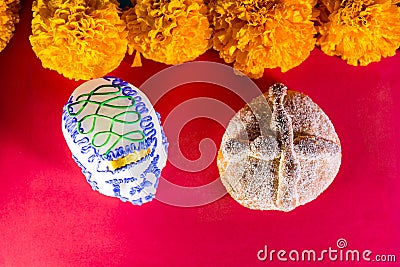 Sugar skull, dead bread and mexican marigold flower - Day of the dead celebration Stock Photo