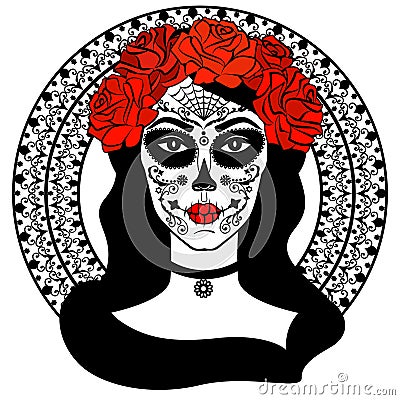 Sugar Skull Girl. Day Of Dead, Traditional Mexican Halloween, Dia De Los Muertos. Woman with makeup sugar skull with roses flowers Vector Illustration