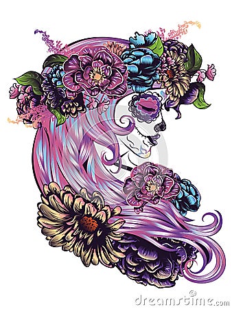 Sugar Skull Girl in Flower Crown Vector Illustration