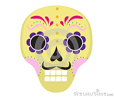 Sugar skull icon, flat, cartoon style. Cute dead head, skeleton for the Day of the Dead in Mexico. Isolated on white Vector Illustration