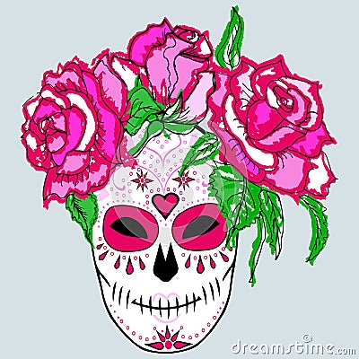 Sugar skull with pink roses. Vector Illustration