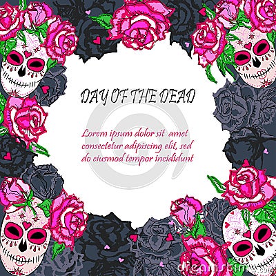 Sugar skull with pink roses template. Cartoon Illustration