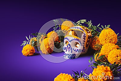 Sugar skull in a purple background Stock Photo