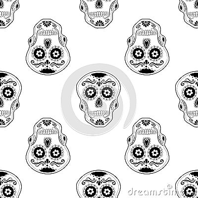 Sugar Skull seamless pattern black on white background. Day of the Dead Vector Illustration. Dia De Los Muertos. Vector Illustration