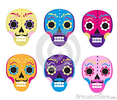 Sugar skull set icon, flat, cartoon style. Cute dead head, skeleton for the Day of the Dead in Mexico. Isolated on white Vector Illustration