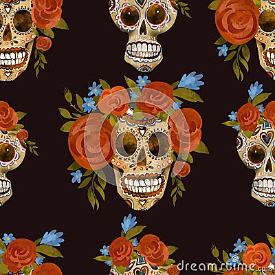 Sugar skull vintage seamless pattern. Day of the dead, Cinco de Mayo Cartoon Illustration