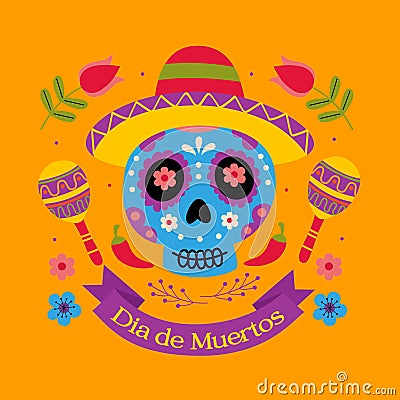 Sugar skull wearing a sombrero hat , Day of the dead, Vector Illustration