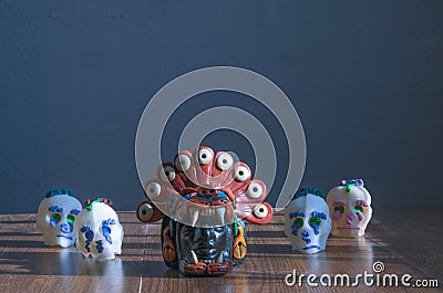 sugar skulls of the day of the dead and crafts of the jaguar warrior. Stock Photo