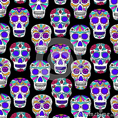 Sugar skulls seamless pattern. Traditional mexican ornament vector illustration. Day of the dead symbol Vector Illustration