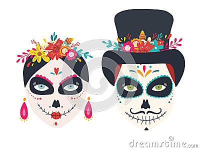 Sugar skulls of woman and man Dia de los muertos, Day of the dead Vector Illustration