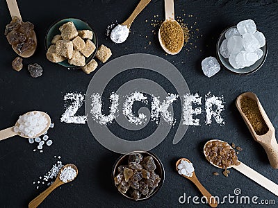 Sugar variation set on dark stone background Stock Photo