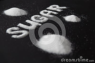 Sugar Word. White Sugar On Background Stock Photo