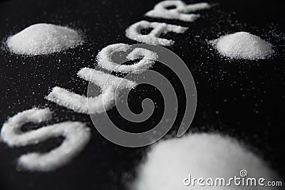 Sugar Word. White Sugar On Background Stock Photo