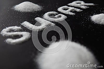 Sugar Word. White Sugar On Background Stock Photo