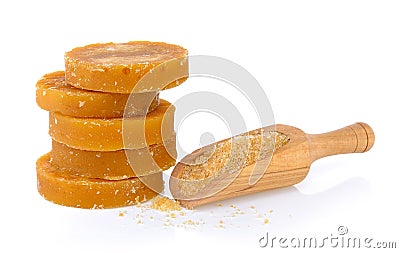 Sugarcane Hard Molasses or Jaggery and sugar in scoop Stock Photo