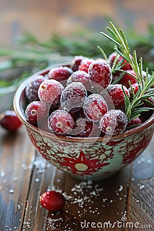 Sugared cranberries in decorative bowl with rosemary sprigs on wooden table Stock Photo